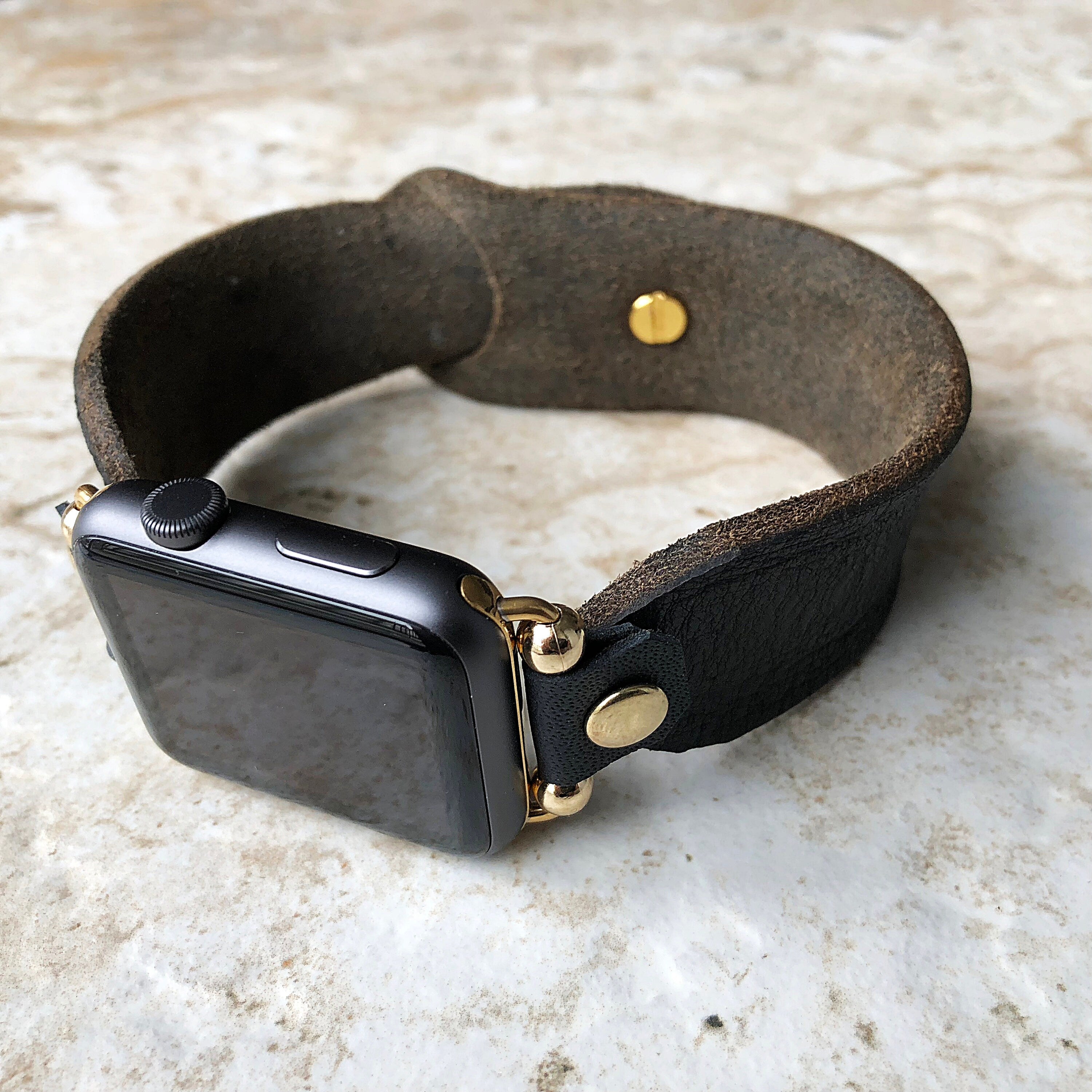 New Apple Watch Band Black Distressed Leather Bracelet for iWatch Ultra 2 49mm and 9 8 Series 41mm 45mm Case Handmade Strap in Gold Finish